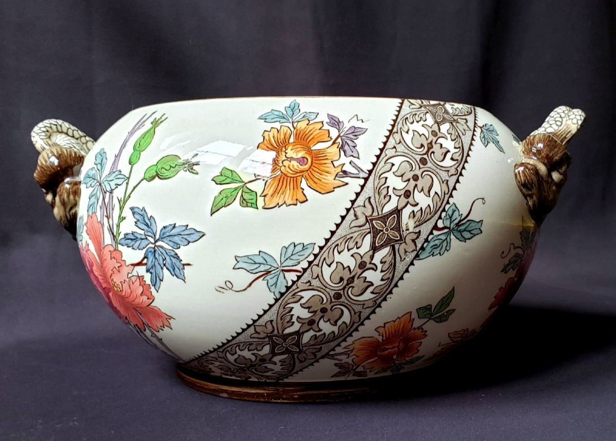 Important Cachepot With Floral Decor And Dolphin Handles - Gien XIX° 1875-photo-3