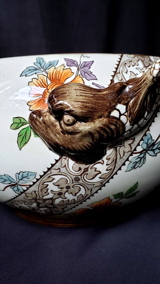 Important Cachepot With Floral Decor And Dolphin Handles - Gien XIX° 1875-photo-4