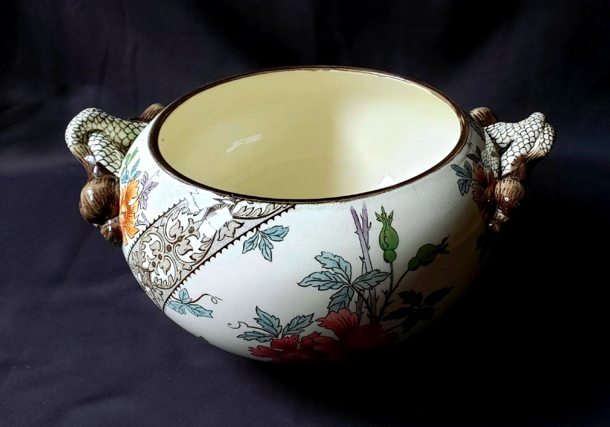 Important Cachepot With Floral Decor And Dolphin Handles - Gien XIX° 1875-photo-1