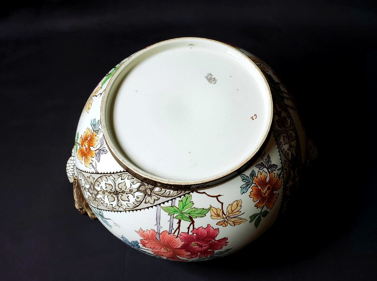 Important Cachepot With Floral Decor And Dolphin Handles - Gien XIX° 1875-photo-2