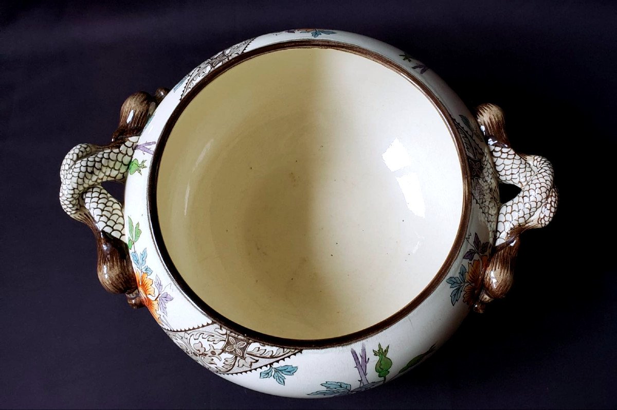 Important Cachepot With Floral Decor And Dolphin Handles - Gien XIX° 1875-photo-4