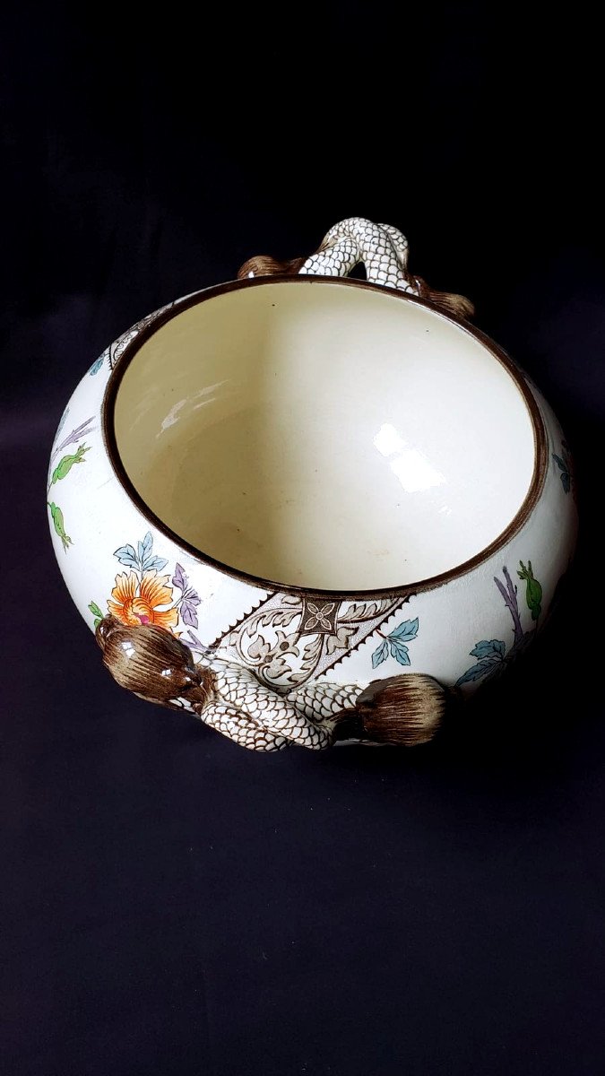 Important Cachepot With Floral Decor And Dolphin Handles - Gien XIX° 1875-photo-5