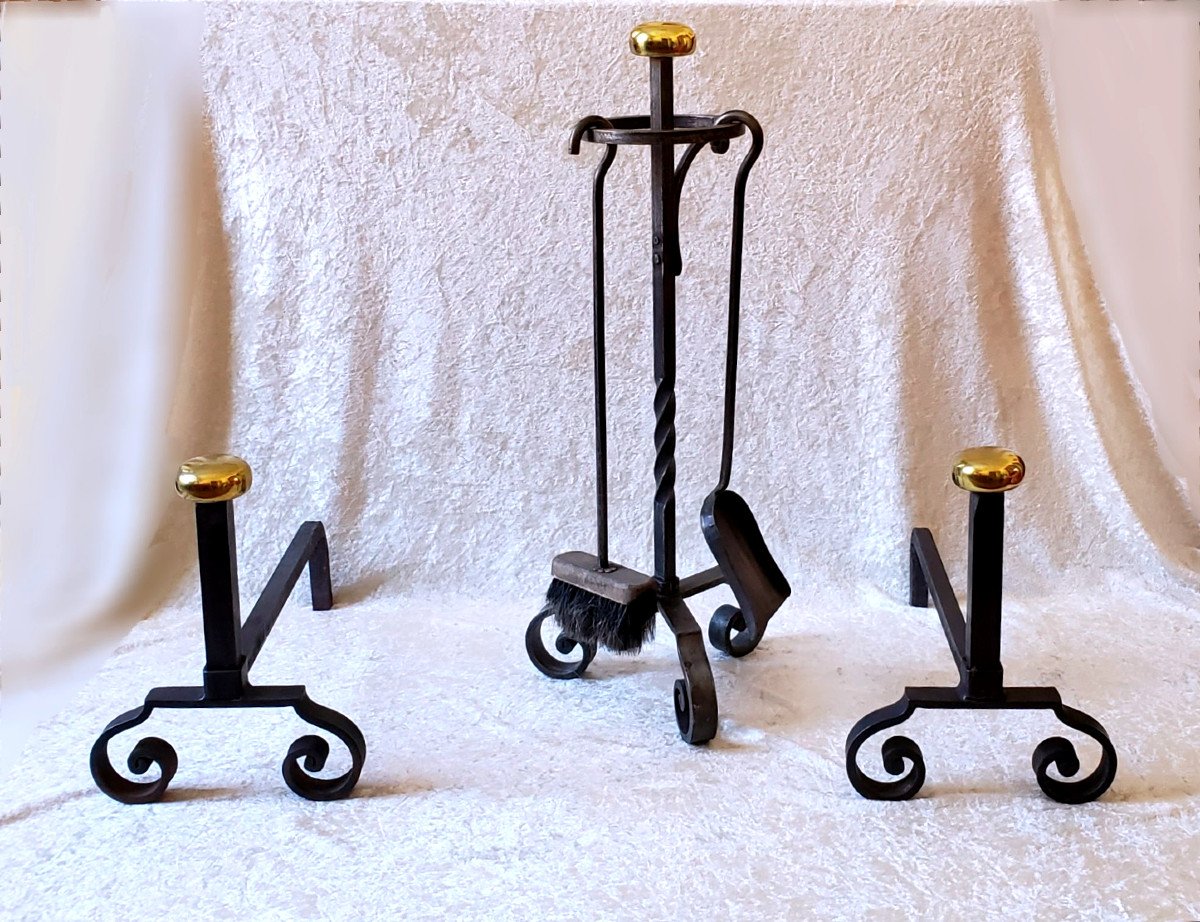 Set Of Andirons And Wrought Iron And Bronze Fireplace Servant-photo-1