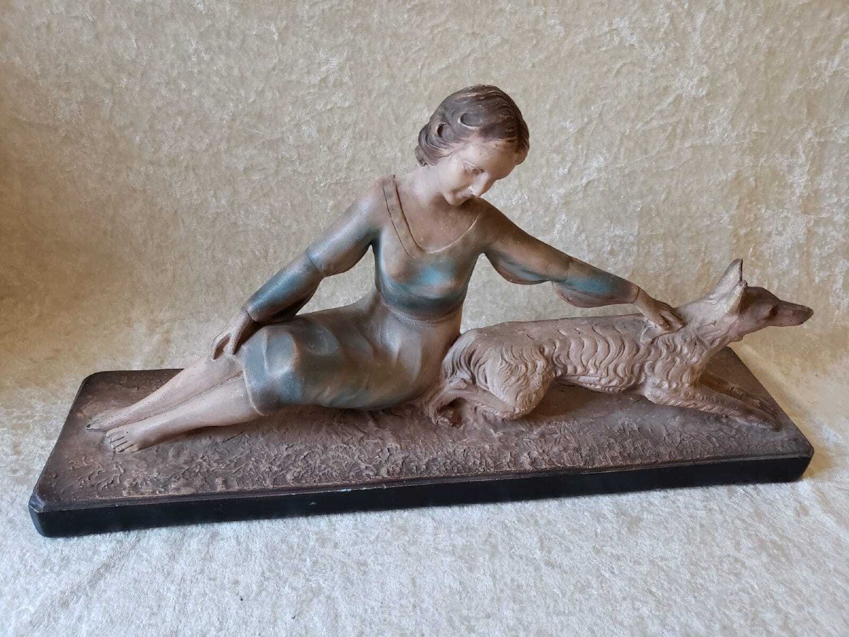 Statue - Elegant Greyhound - Patinated Stucco Art Deco Period - Cioni-photo-2