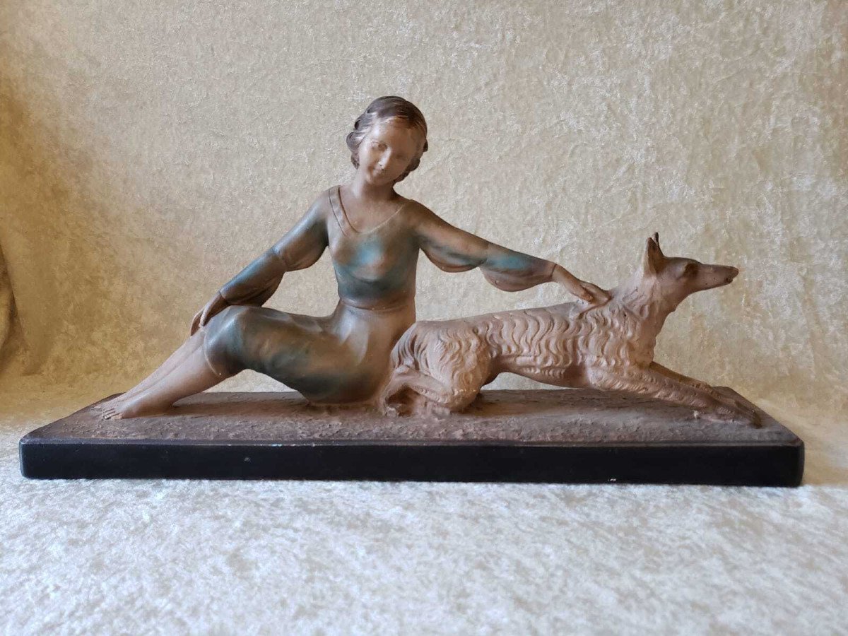 Statue - Elegant Greyhound - Patinated Stucco Art Deco Period - Cioni