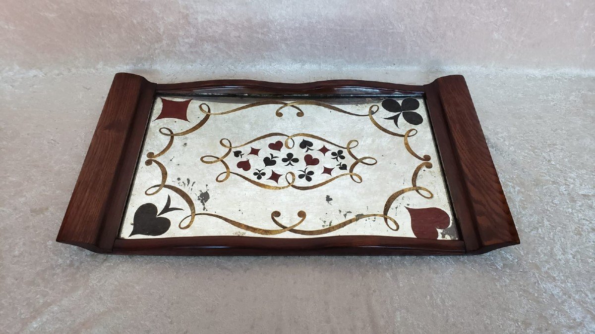 Coffee Tray For Card Players. Silkscreened Mirror. Early 20th Century