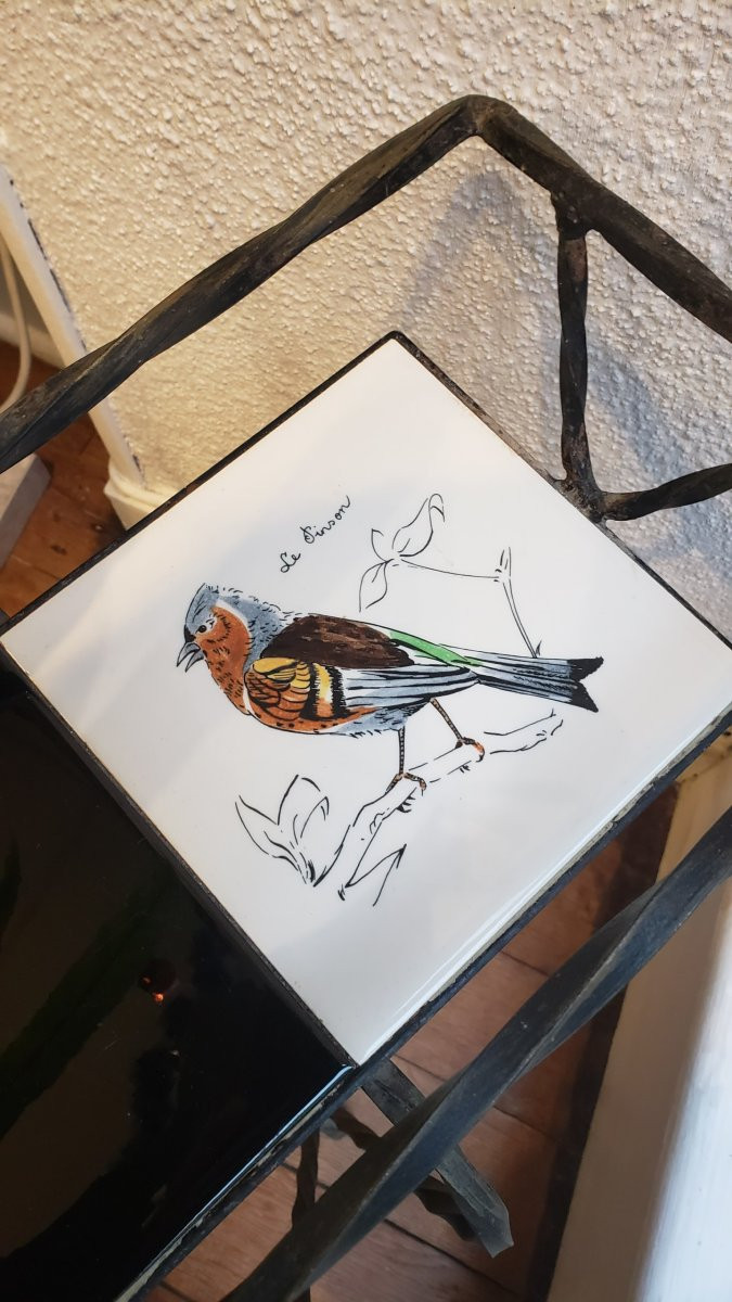 Wrought Iron Planter And Ceramic Tiles Decorated With Birds - Circa 1960-photo-2