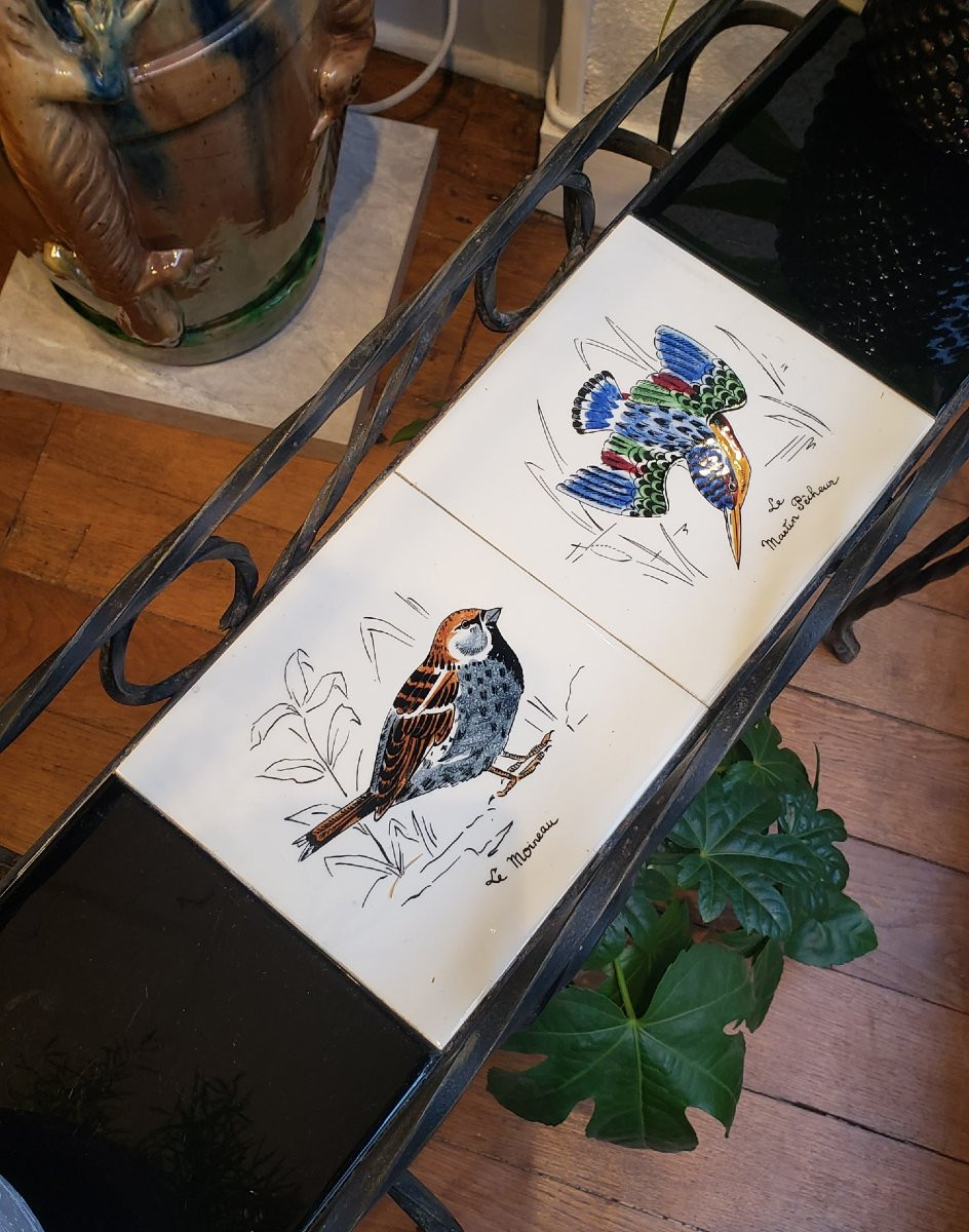 Wrought Iron Planter And Ceramic Tiles Decorated With Birds - Circa 1960-photo-3