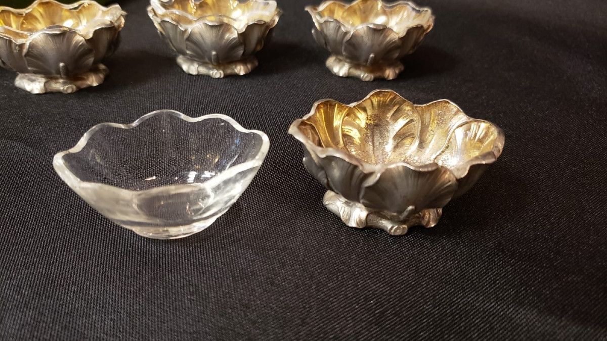 Set Of 4 Louis XV Style Silver Salt Cellars With Minerva Seal And Matching Small Spoons-photo-4