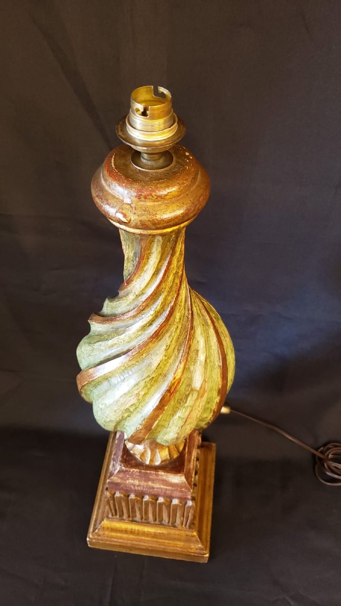 Pied de lampe baroque polychrome en bois-photo-2