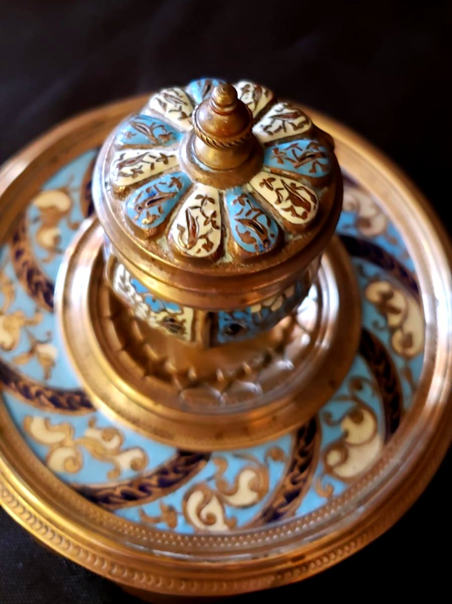 Encrier bronze et émaux champlevés Limoges  fin XIX°-photo-4