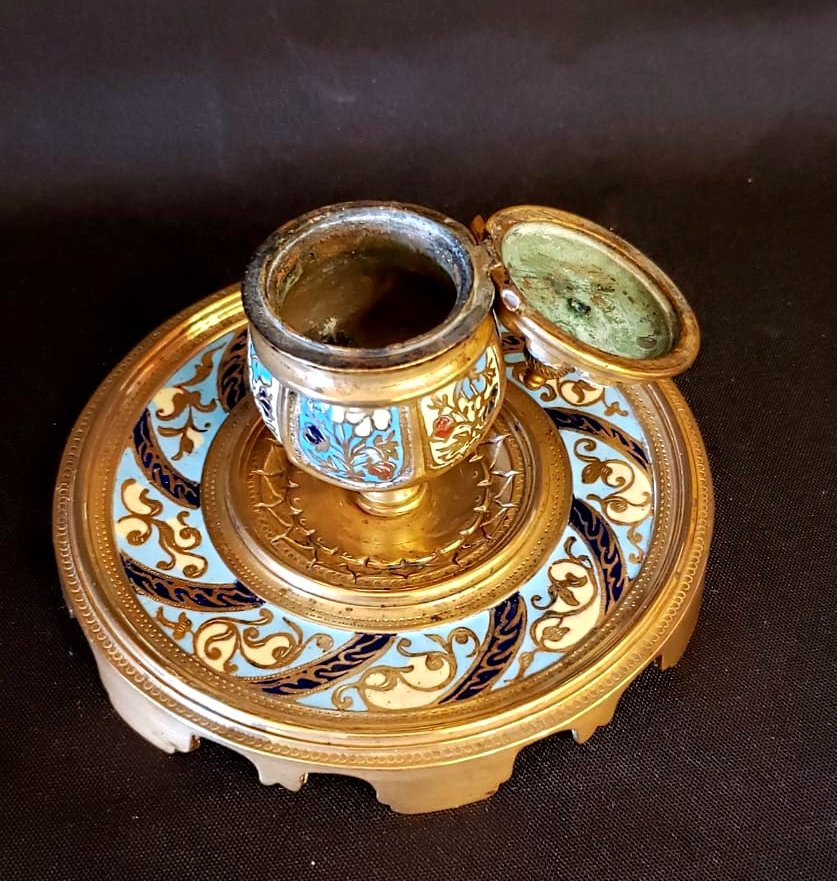 Encrier bronze et émaux champlevés Limoges  fin XIX°-photo-1
