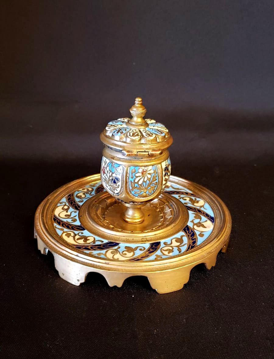 Encrier bronze et émaux champlevés Limoges  fin XIX°