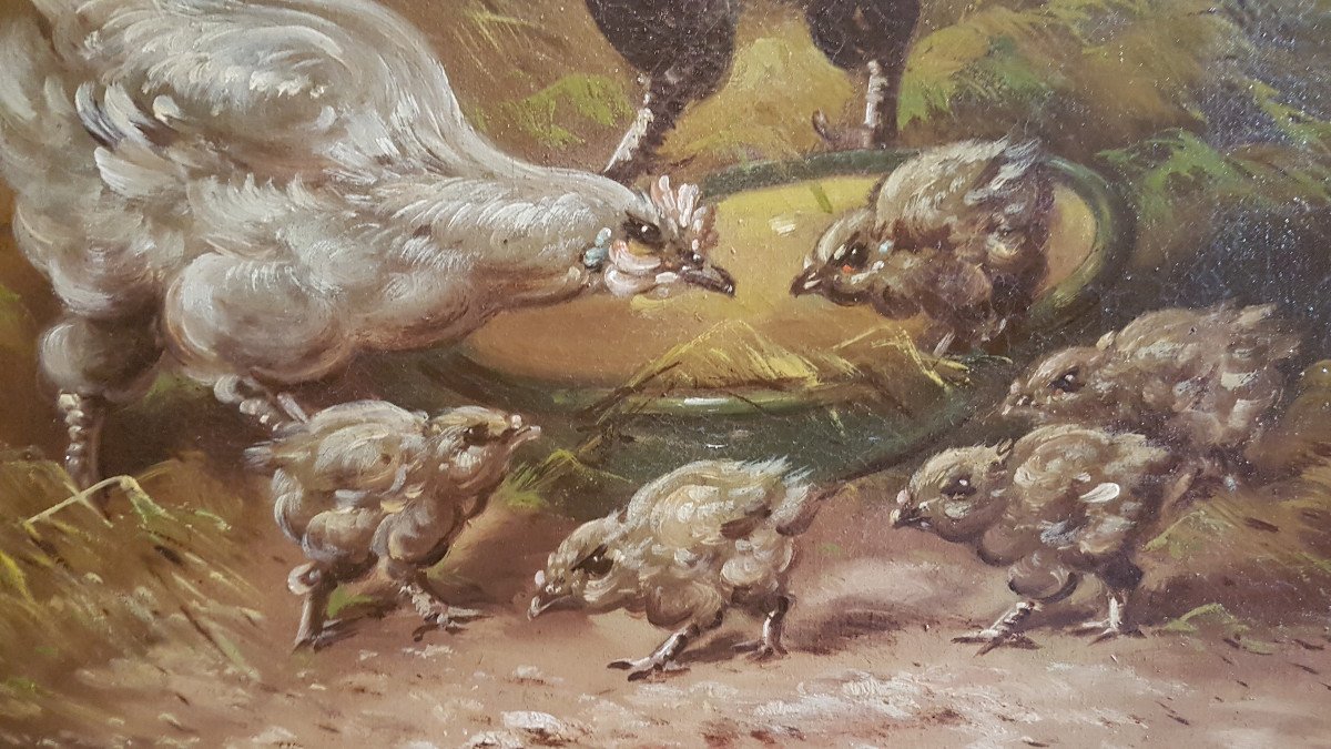 Large Farmyard Painting With Rooster, Hens And Chicks  Signed Henry Schouten (1864/1927)-photo-3