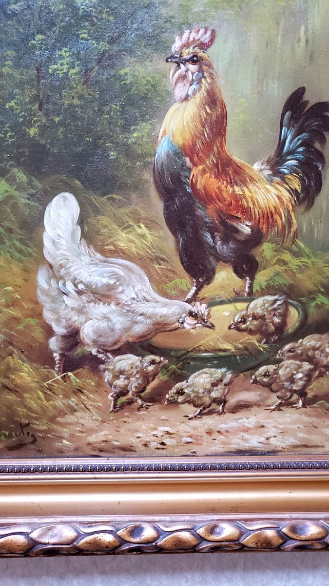 Large Farmyard Painting With Rooster, Hens And Chicks  Signed Henry Schouten (1864/1927)-photo-4