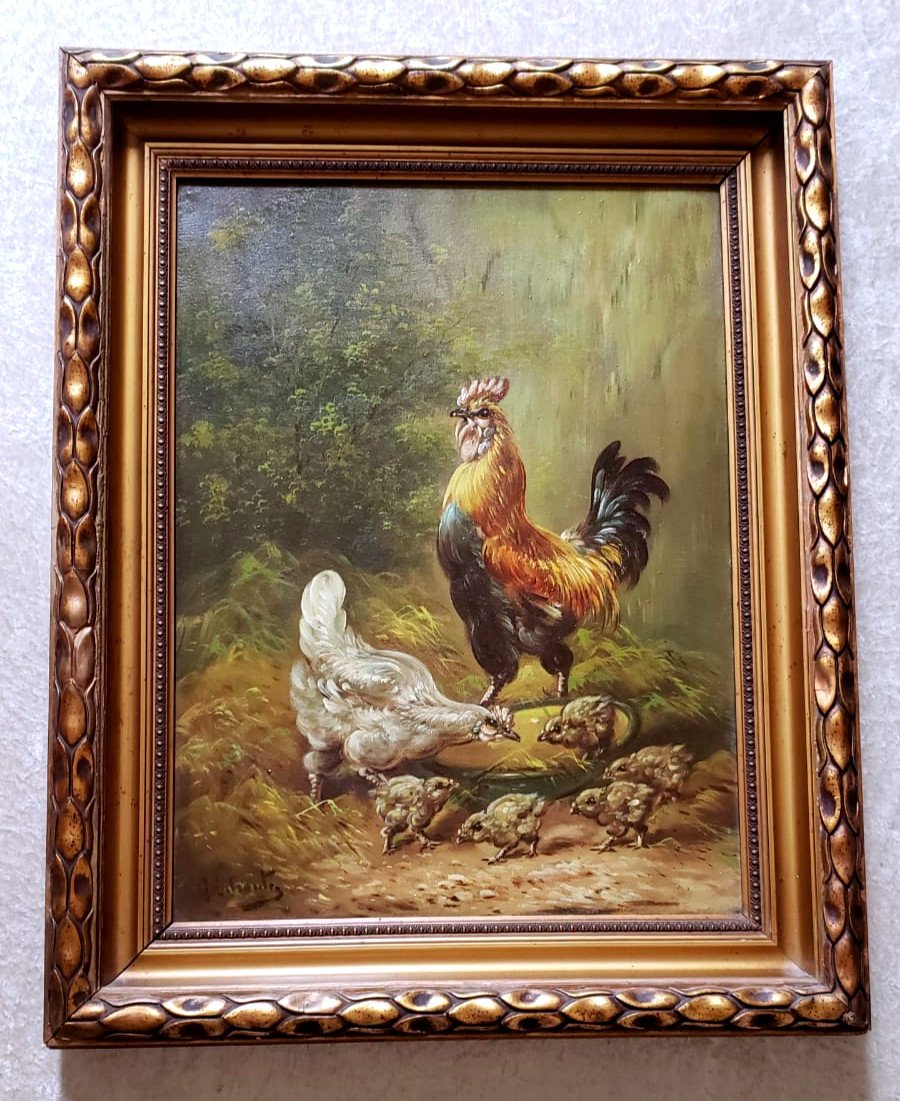 Large Farmyard Painting With Rooster, Hens And Chicks  Signed Henry Schouten (1864/1927)-photo-1