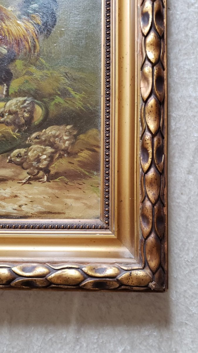 Large Farmyard Painting With Rooster, Hens And Chicks  Signed Henry Schouten (1864/1927)-photo-2