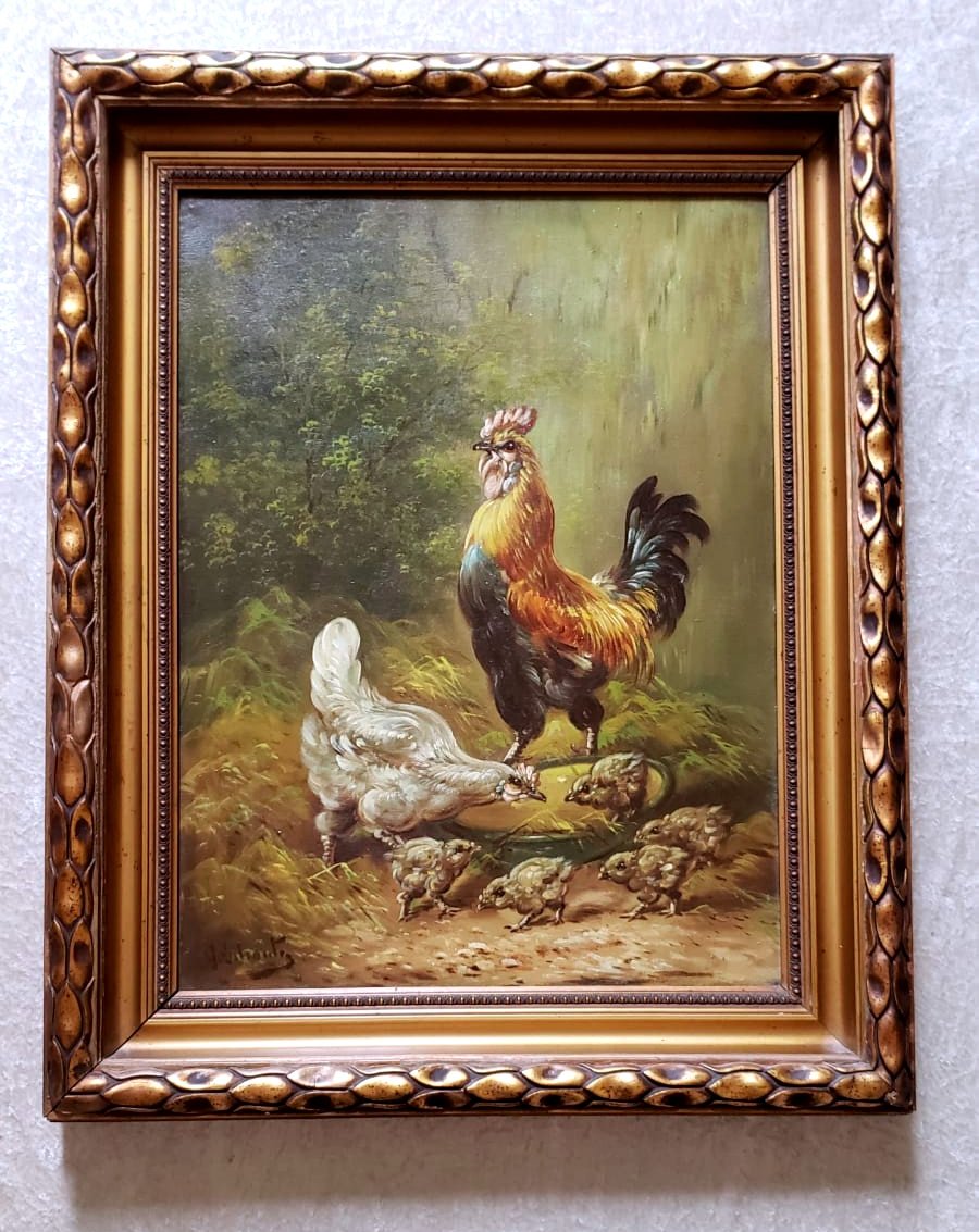 Large Farmyard Painting With Rooster, Hens And Chicks  Signed Henry Schouten (1864/1927)