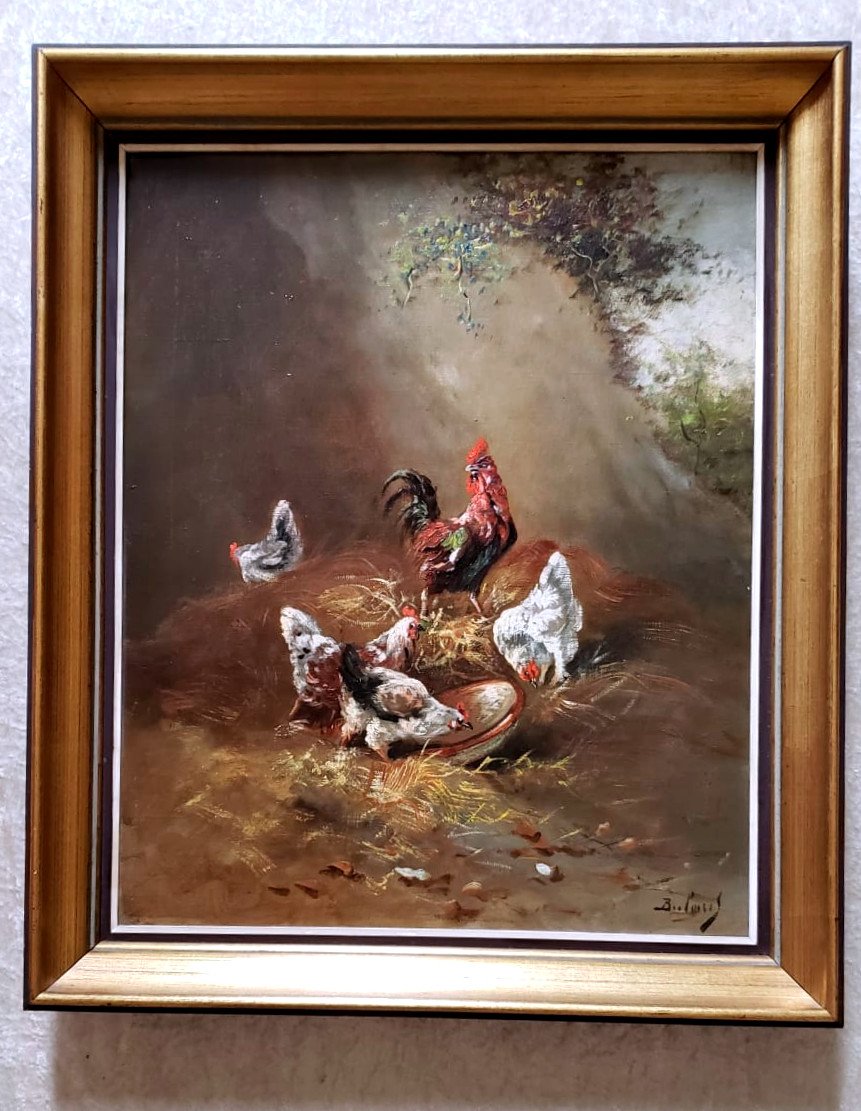 Rooster And Hens. Oil Painting Signed Henry Schouten ( 1864/1927)