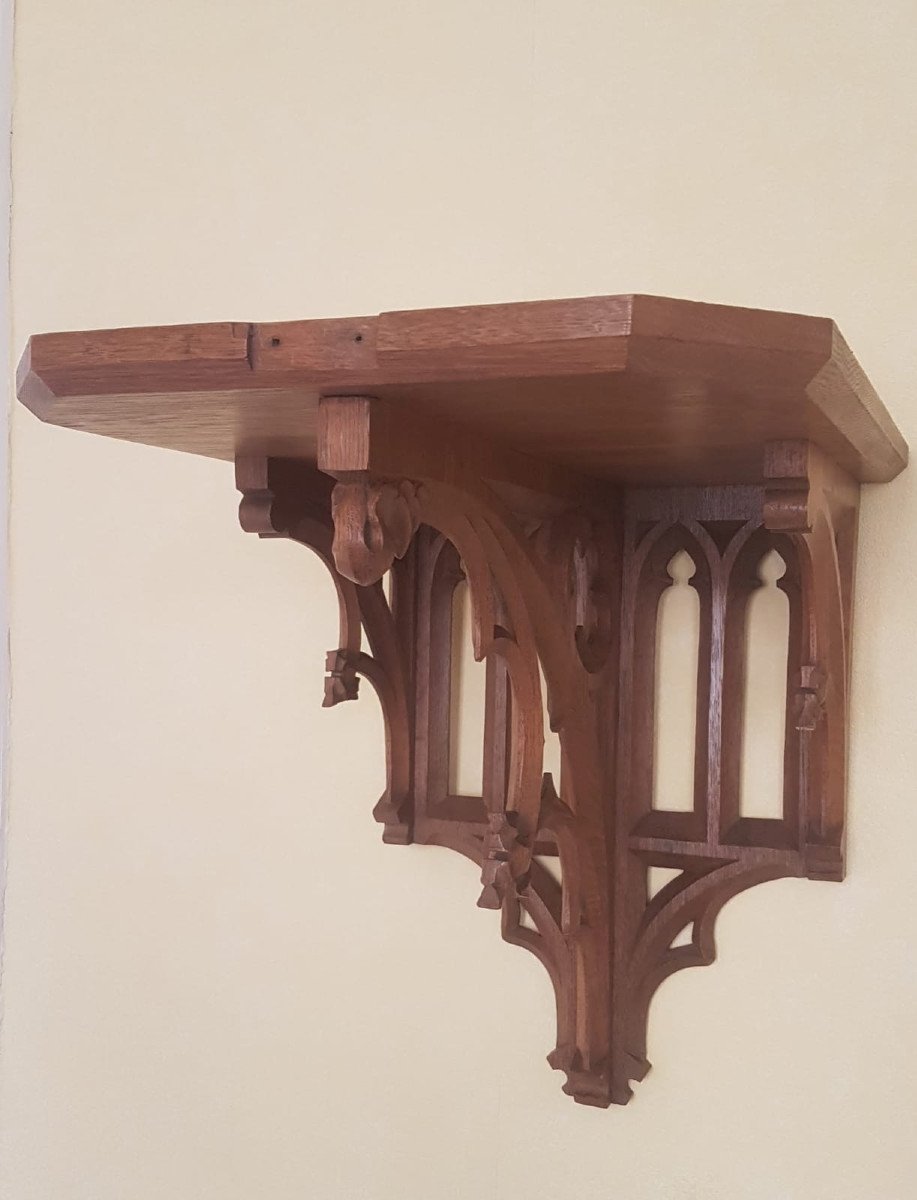 Grande console d'église néo-gothique en chêne  datant de la fin du  XIX°-photo-6