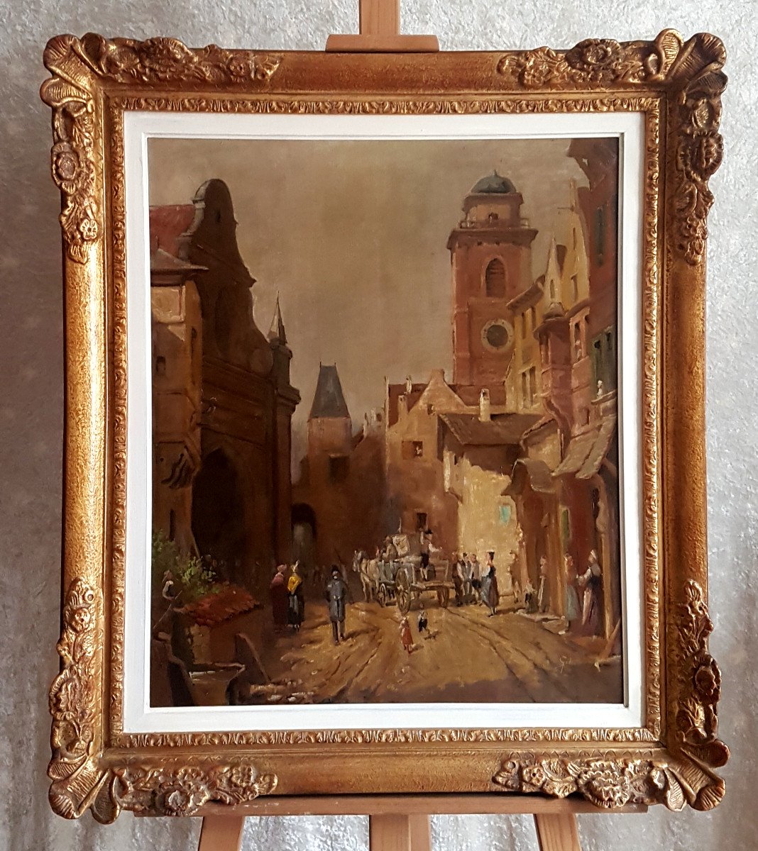 Huile sur toile   XIX° - Scène de rue dans une ville Flamande. 