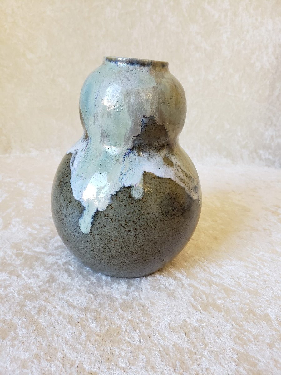 Vase de forme coloquinte vert et gris bleuté  marqué GREM  - Grès du Morvan-photo-2