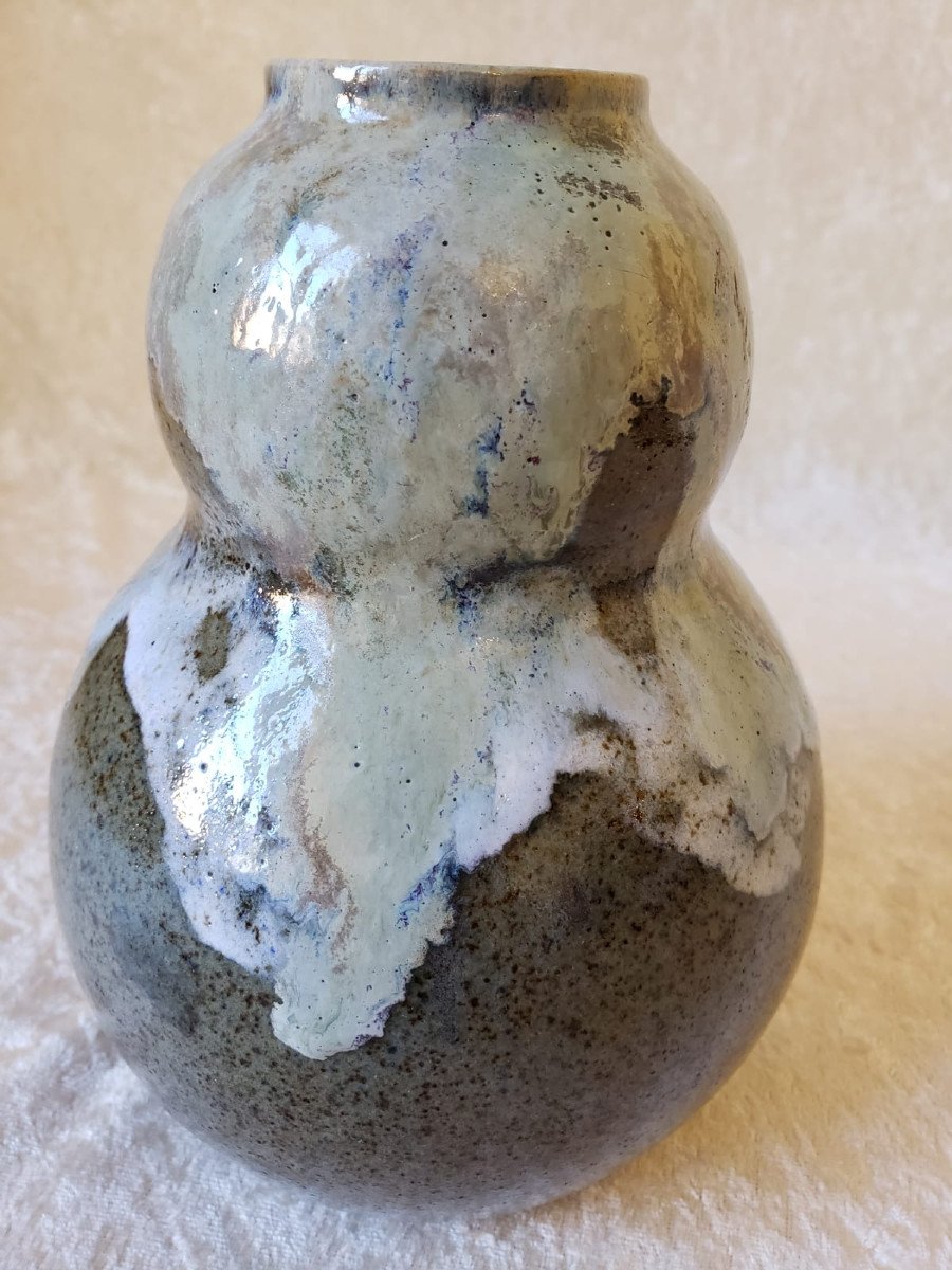 Vase de forme coloquinte vert et gris bleuté  marqué GREM  - Grès du Morvan