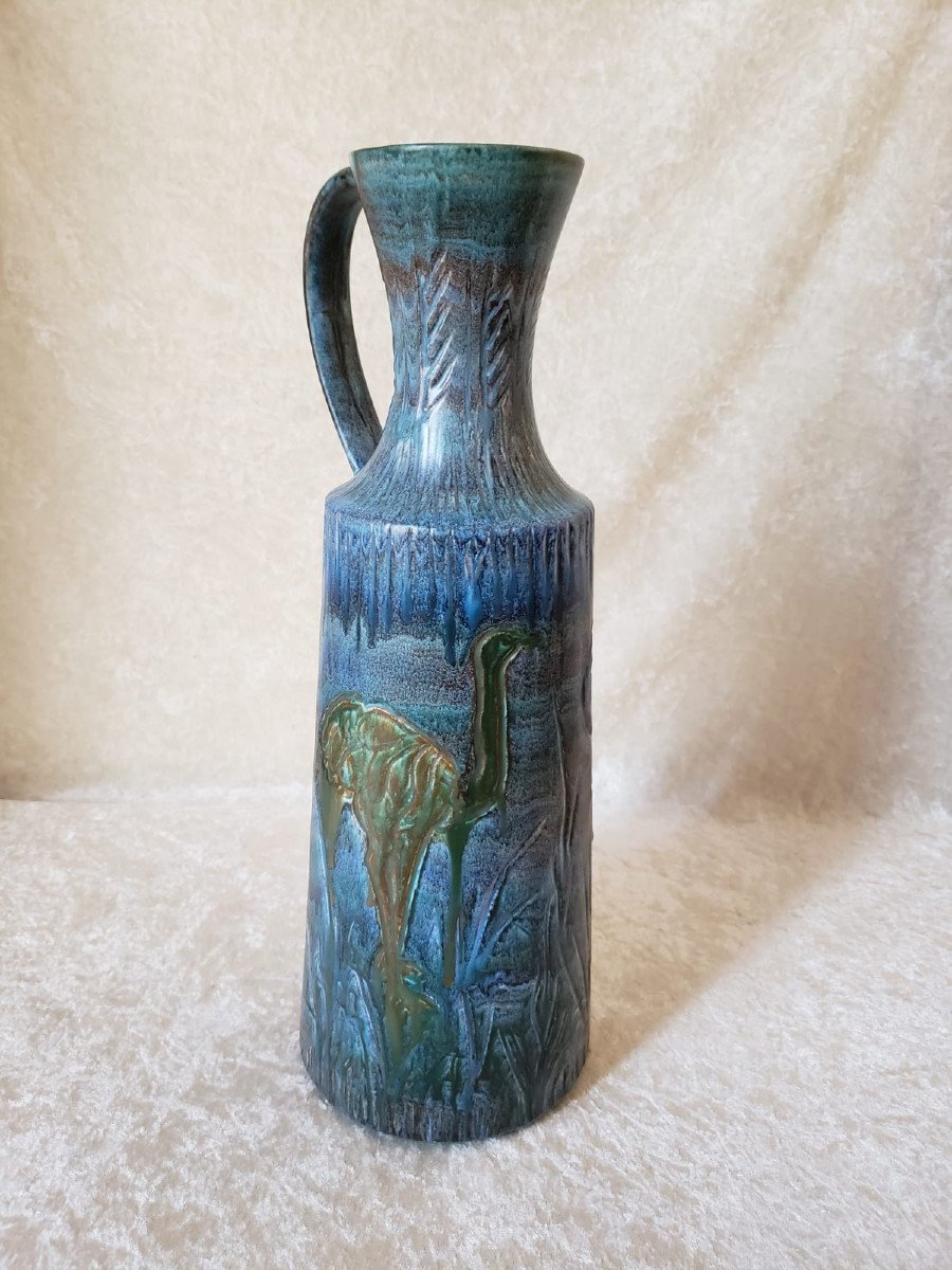 Large Enamelled Ceramic Vase With Crocodile And Ostrich Decor - Belgium 1960-photo-2