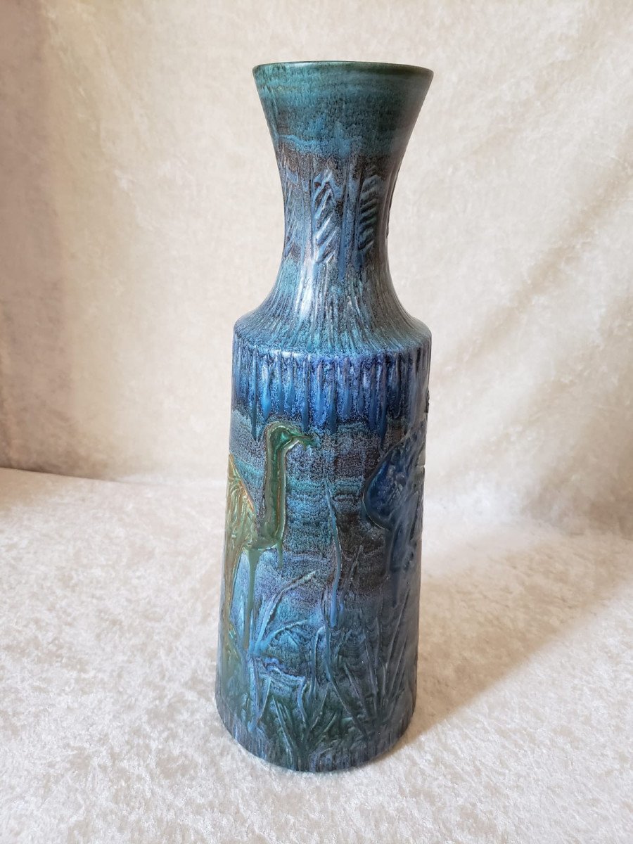 Large Enamelled Ceramic Vase With Crocodile And Ostrich Decor - Belgium 1960-photo-4