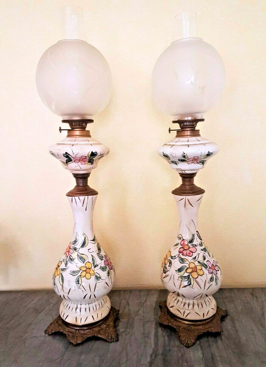 Pair Of Earthenware Kerosene Lamps-photo-2