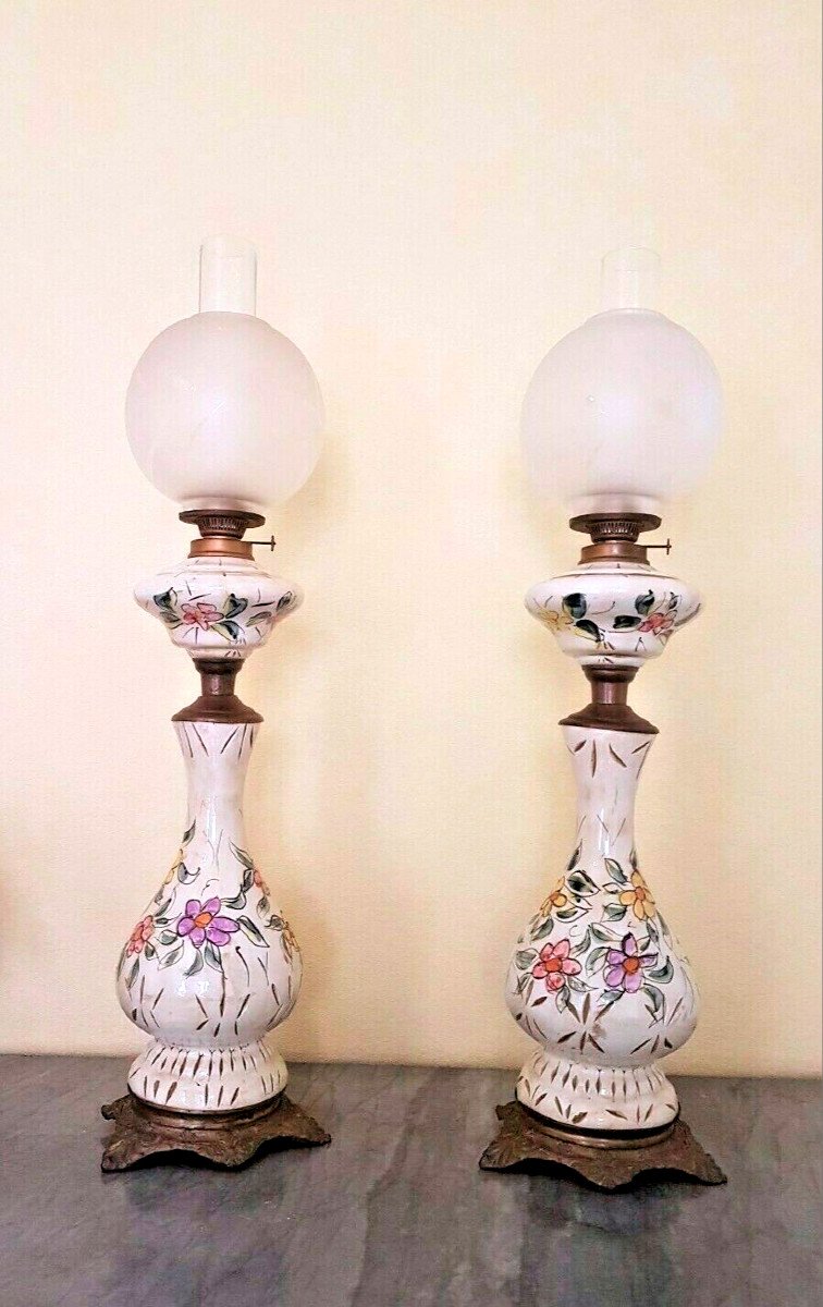 Pair Of Earthenware Kerosene Lamps-photo-4