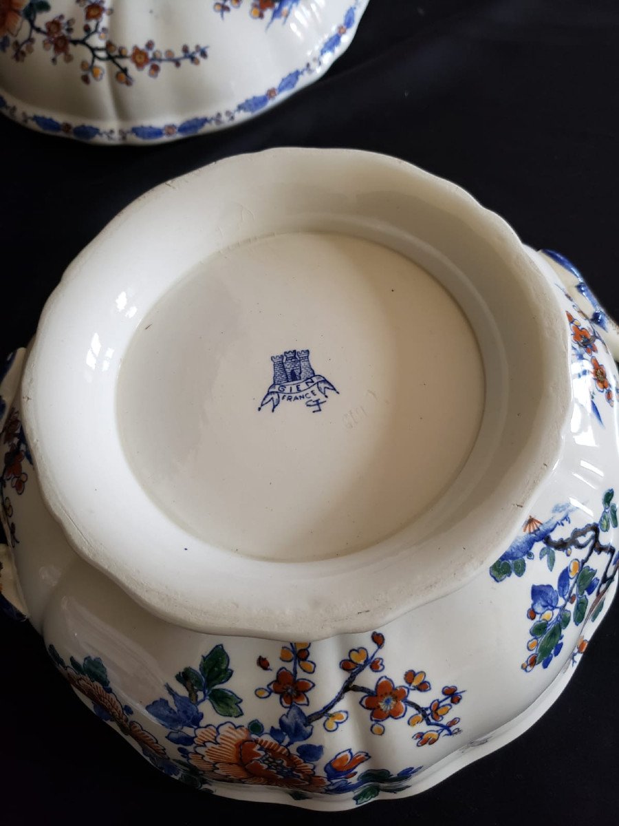 Paire de grandes soupi&egrave;res en gien motif Delft coq et pivoines 1938/40-photo-5