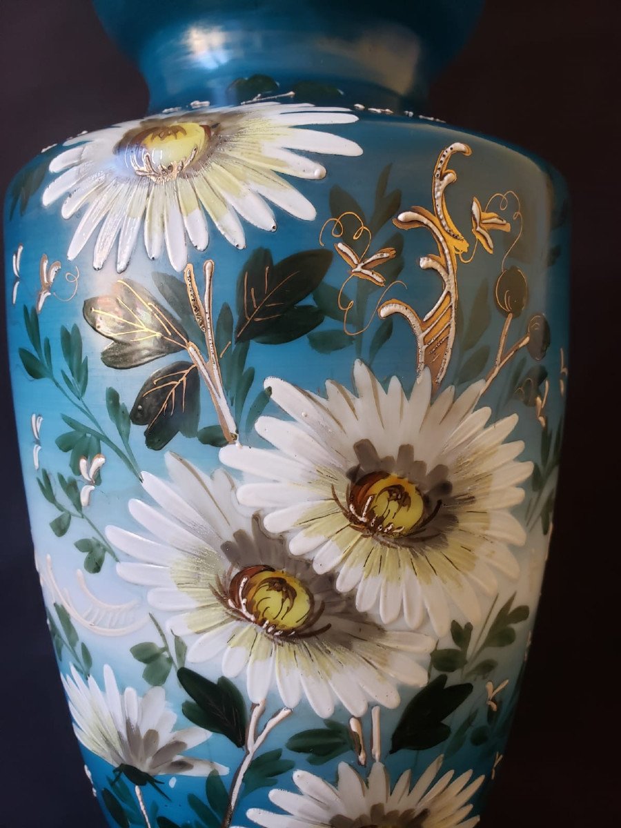 Grand vase en opaline de cristal émaillée - Décor floral marguerites - Fin XIX°-photo-2