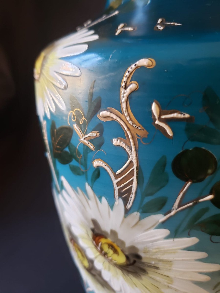 Grand vase en opaline de cristal émaillée - Décor floral marguerites - Fin XIX°-photo-4