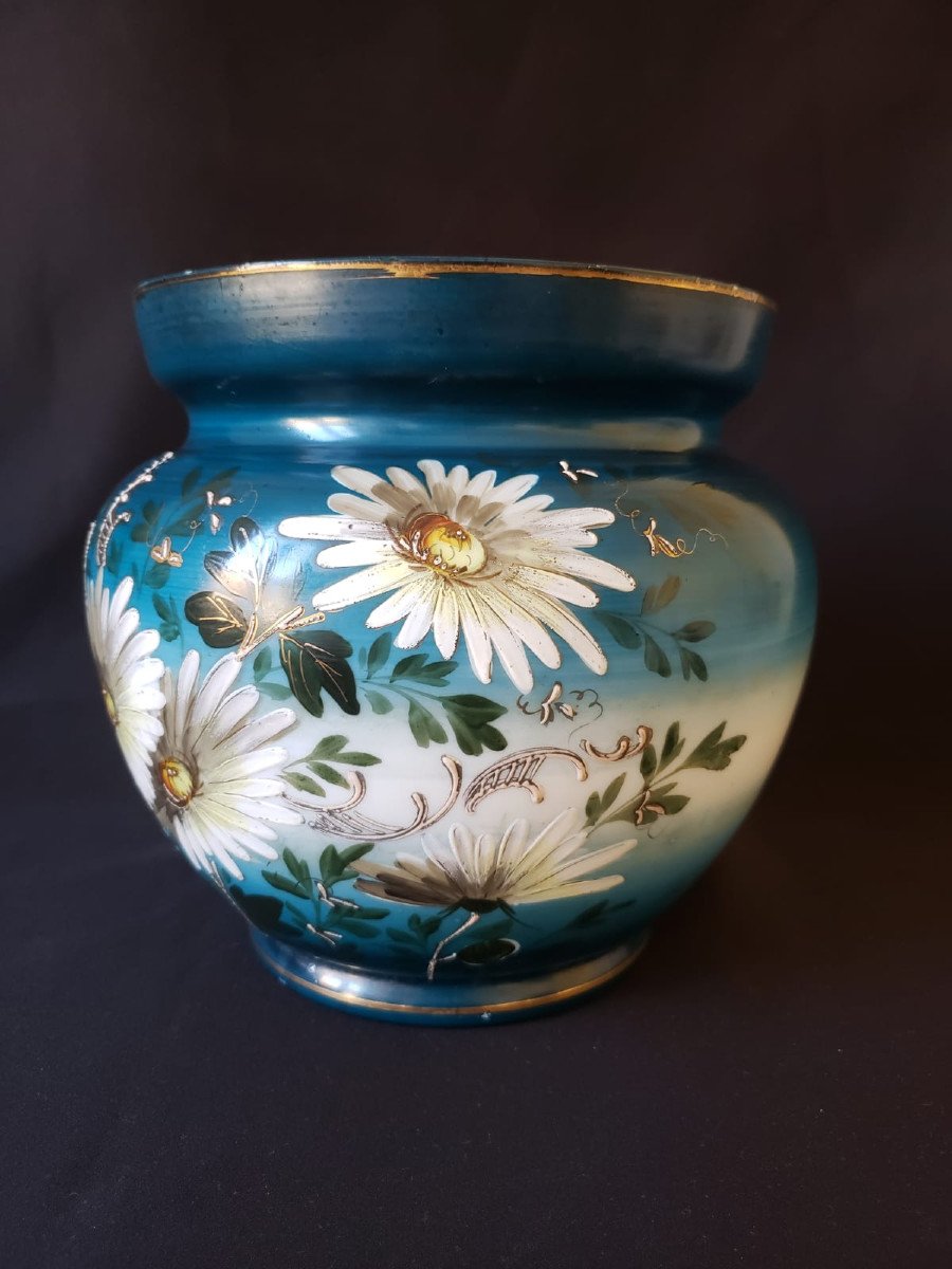 Vase boule en opaline de cristal émaillée - Décor floral marguerites - Fin XIX°-photo-3