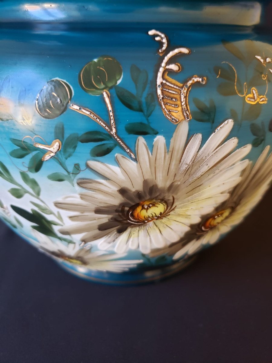 Vase boule en opaline de cristal émaillée - Décor floral marguerites - Fin XIX°-photo-3