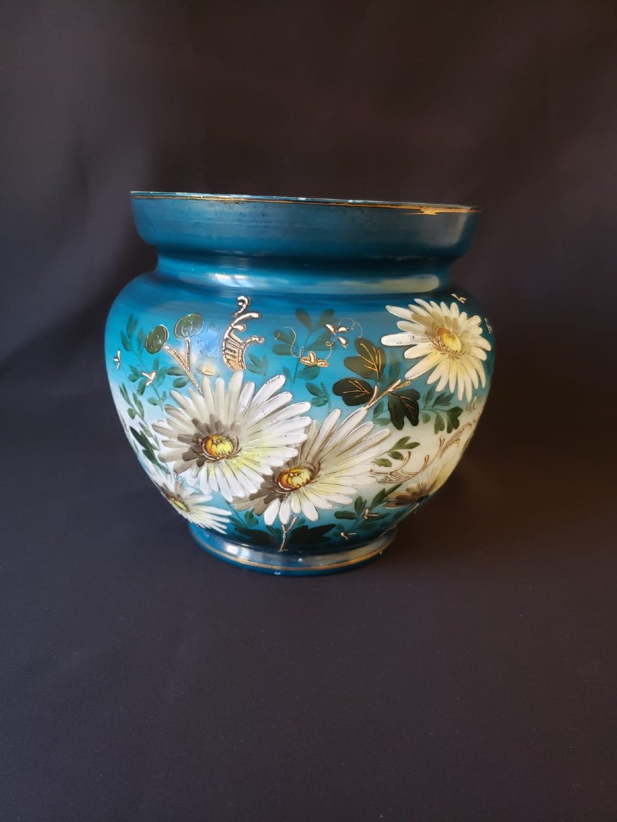 Vase boule en opaline de cristal émaillée - Décor floral marguerites - Fin XIX°