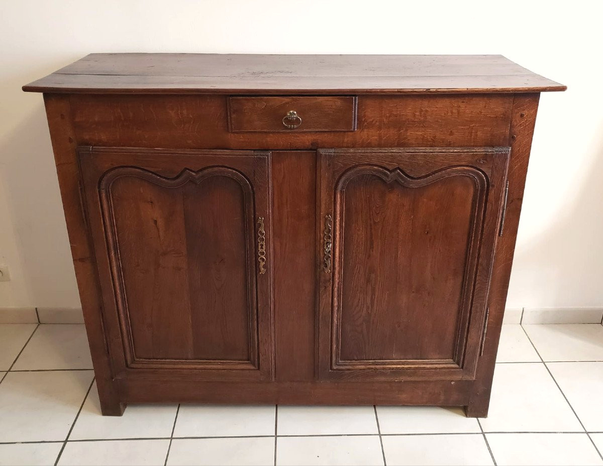 Important High Sideboard From The Regency Period In Oak. 2 Doors, 1 Drawer. Early 18th Century