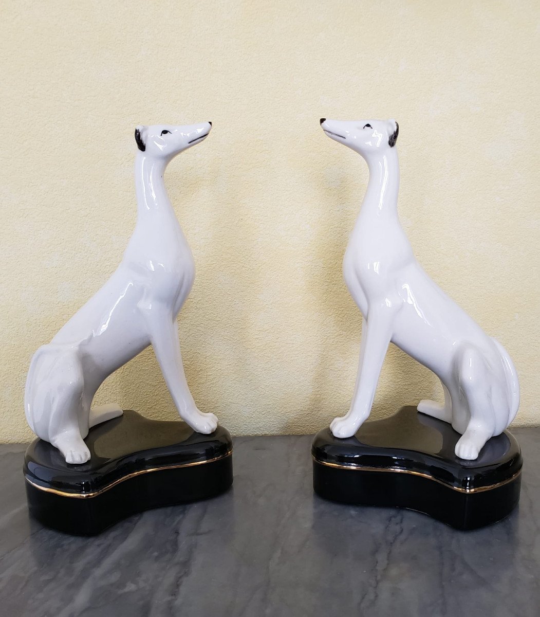 Pair Of Enamelled Porcelain Greyhounds 1940/50-photo-2