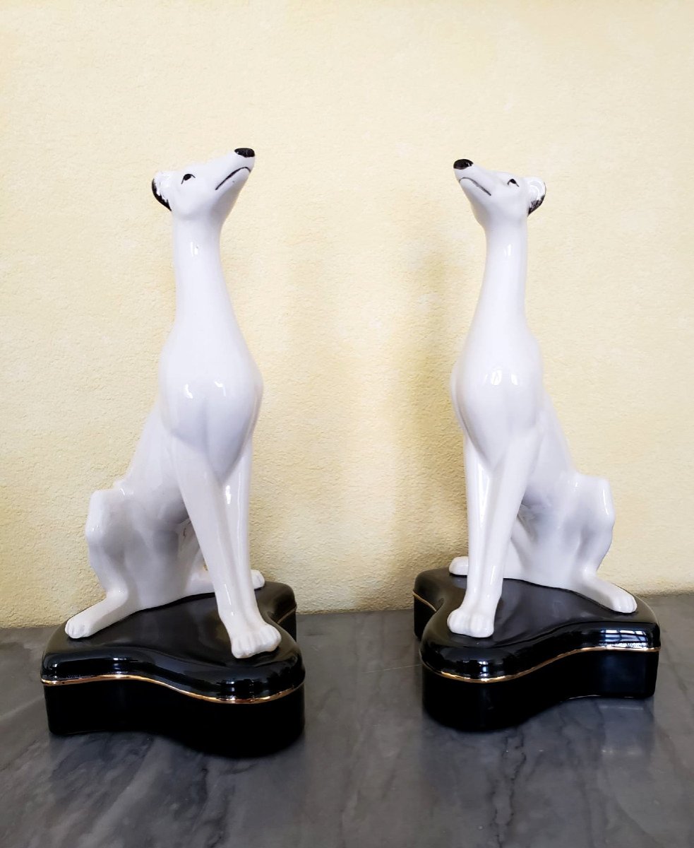 Pair Of Enamelled Porcelain Greyhounds 1940/50
