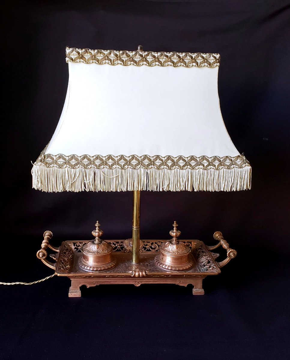 Lampe de bureau de  style renaissance avec encriers - XIX°