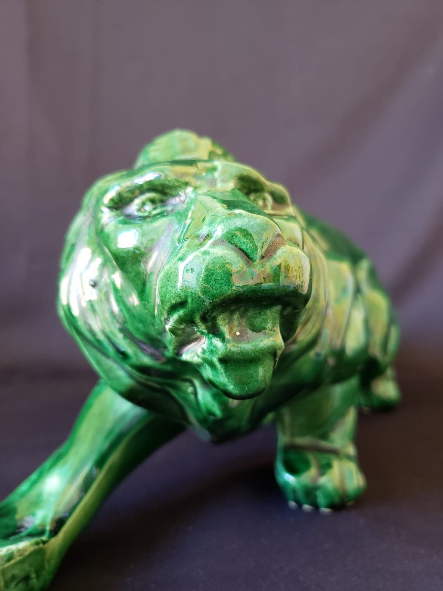 Lion en c&eacute;ramique vernie Saint Cl&eacute;ment d&#039;&eacute;poque Art D&eacute;co.-photo-3