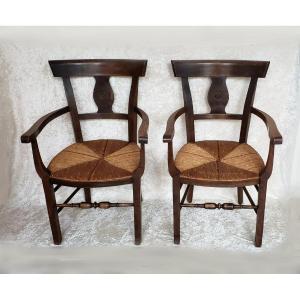 Pair Of Directoire Style Straw Armchairs