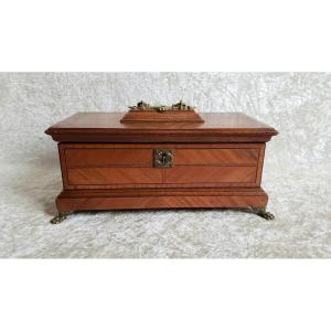 Late 19th Century Jewelry Chest In Veneer Wood And Bronze