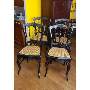 Set Of 4 Napoleon III Blackened Pearwood Caned Chairs - Late 19th Century