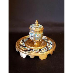 Encrier bronze et émaux champlevés Limoges  fin XIX°