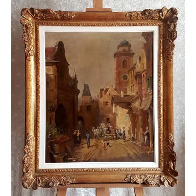 Oil On Canvas XIX - Street Scene In A Flemish City.