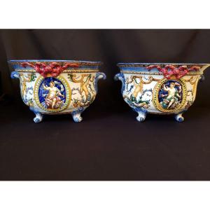 Pair Of Renaissance Gien XIXth Century Planters, Poseidon And Amphitrite Decor.