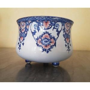 Antique Flowerpot In Gien - Model With Rouen Decor - Hand Painted - Stamp 1871.