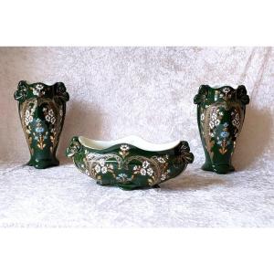 Garniture de cheminée Art Nouveau en faïence émaillée - Lunéville vers 1920.